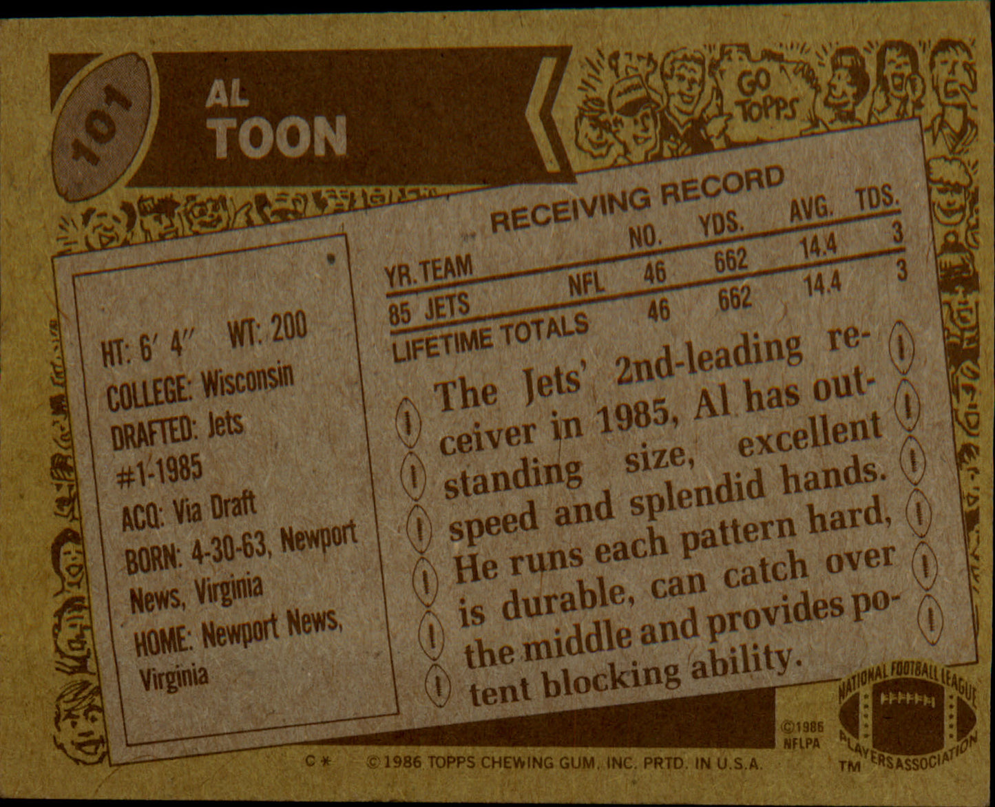 1986 Topps #101b Al Toon Rookie Rookie