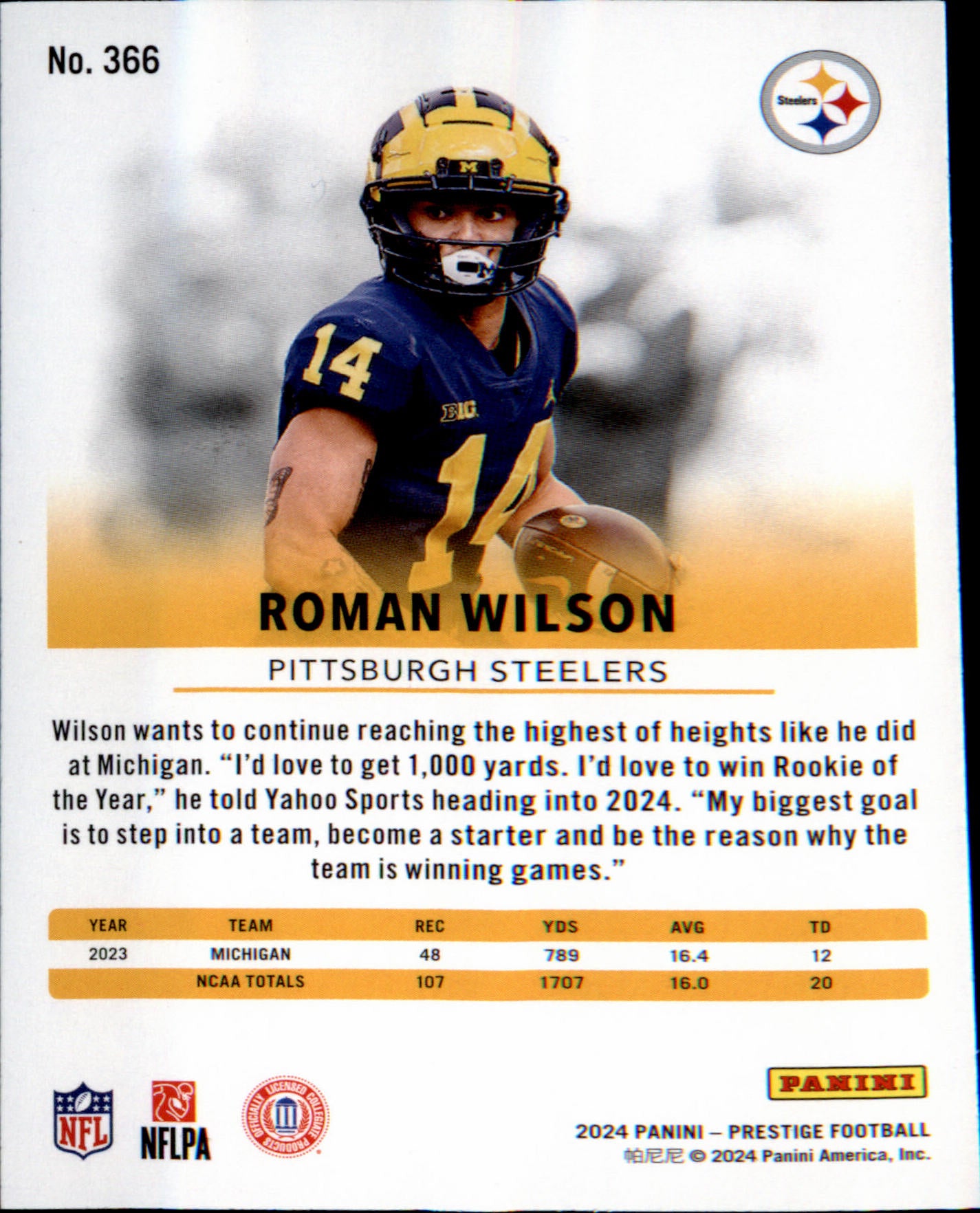 2024 Panini Prestige #366 Roman Wilson Rookie Rookie