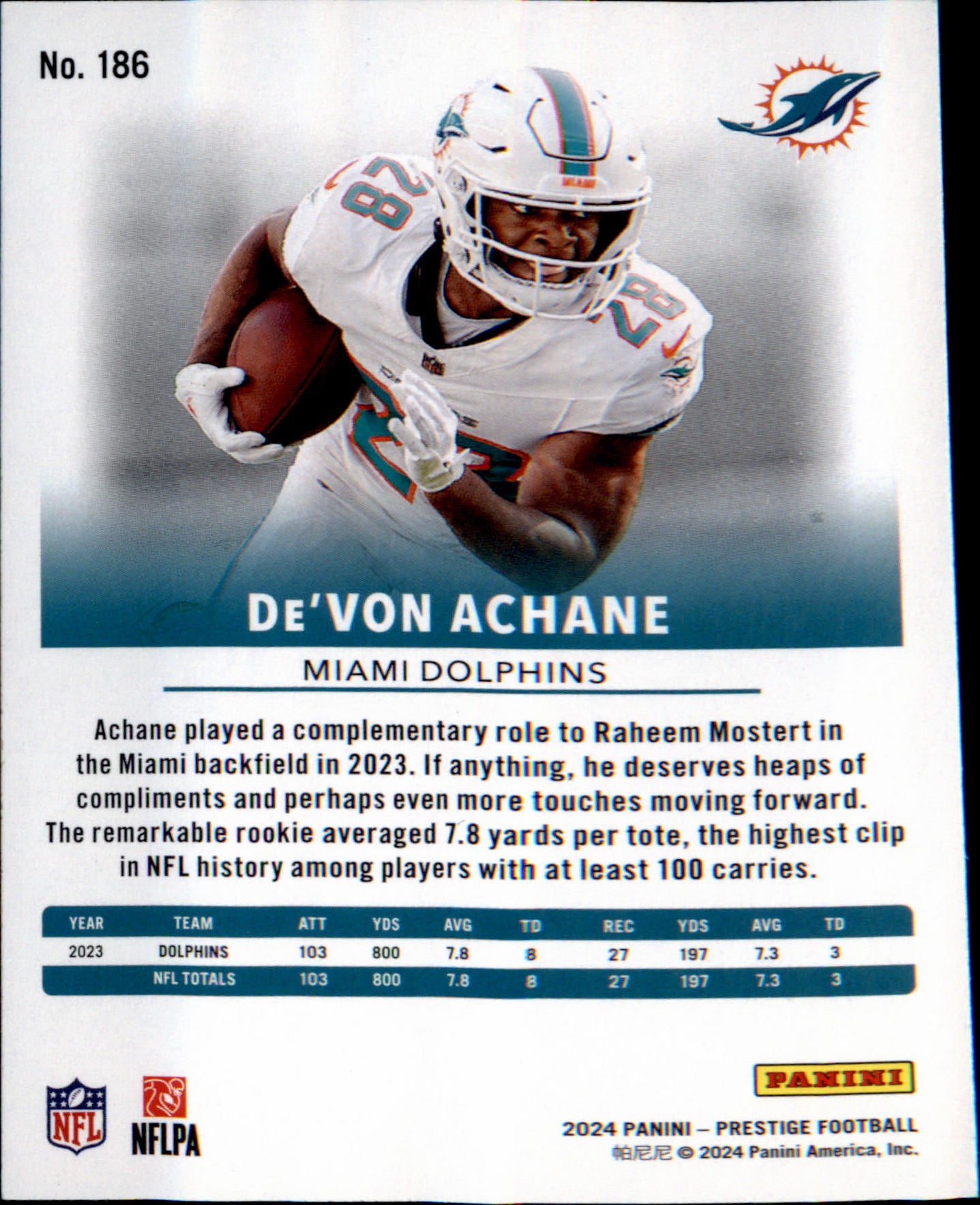2024 Panini Prestige #186 De'Von Achane