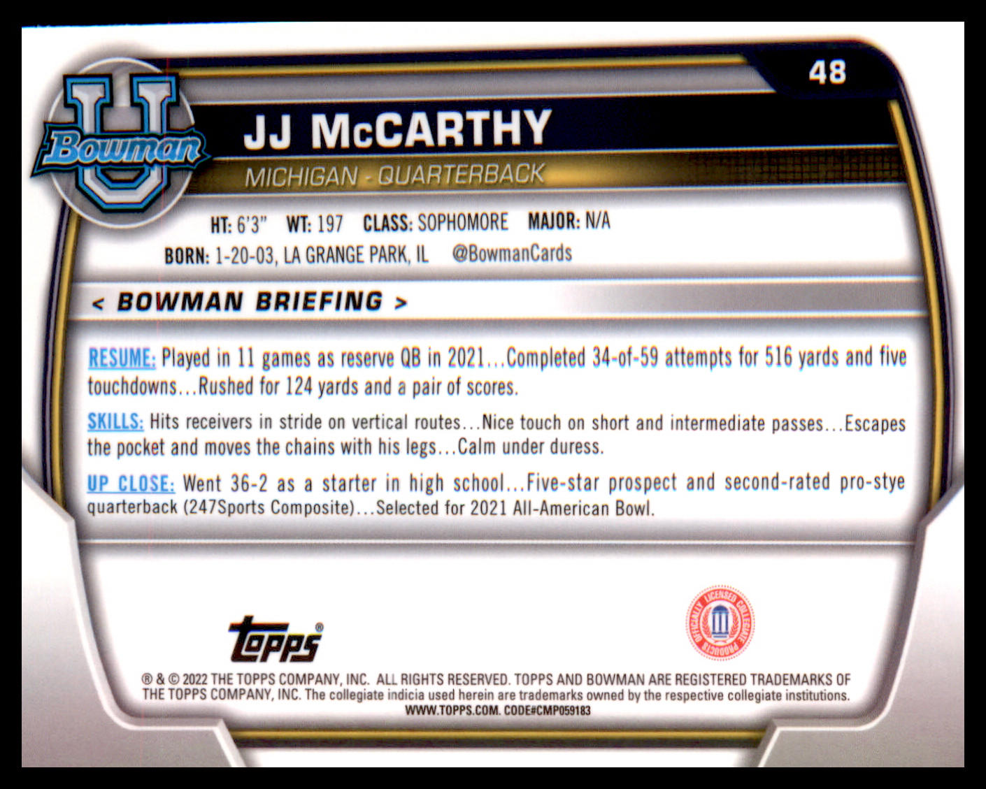 2022 Bowman University Chrome #48 JJ McCarthy
