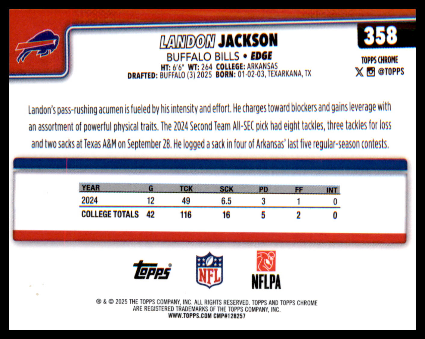 2025 Topps Chrome #358 Landon Jackson Rookie Rookie