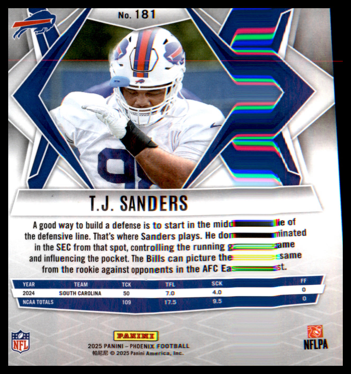 2025 Panini Phoenix #181 T.J. Sanders Rookie Rookie
