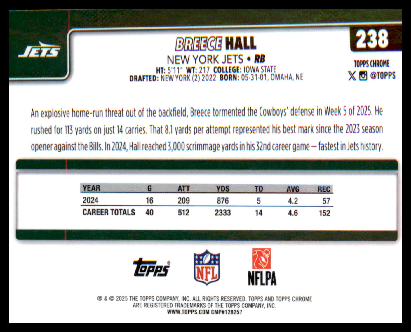2025 Topps Chrome #238 Breece Hall