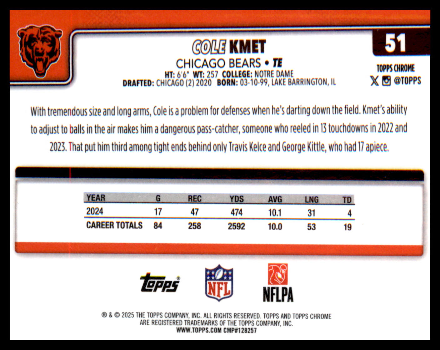 2025 Topps Chrome #51 Cole Kmet