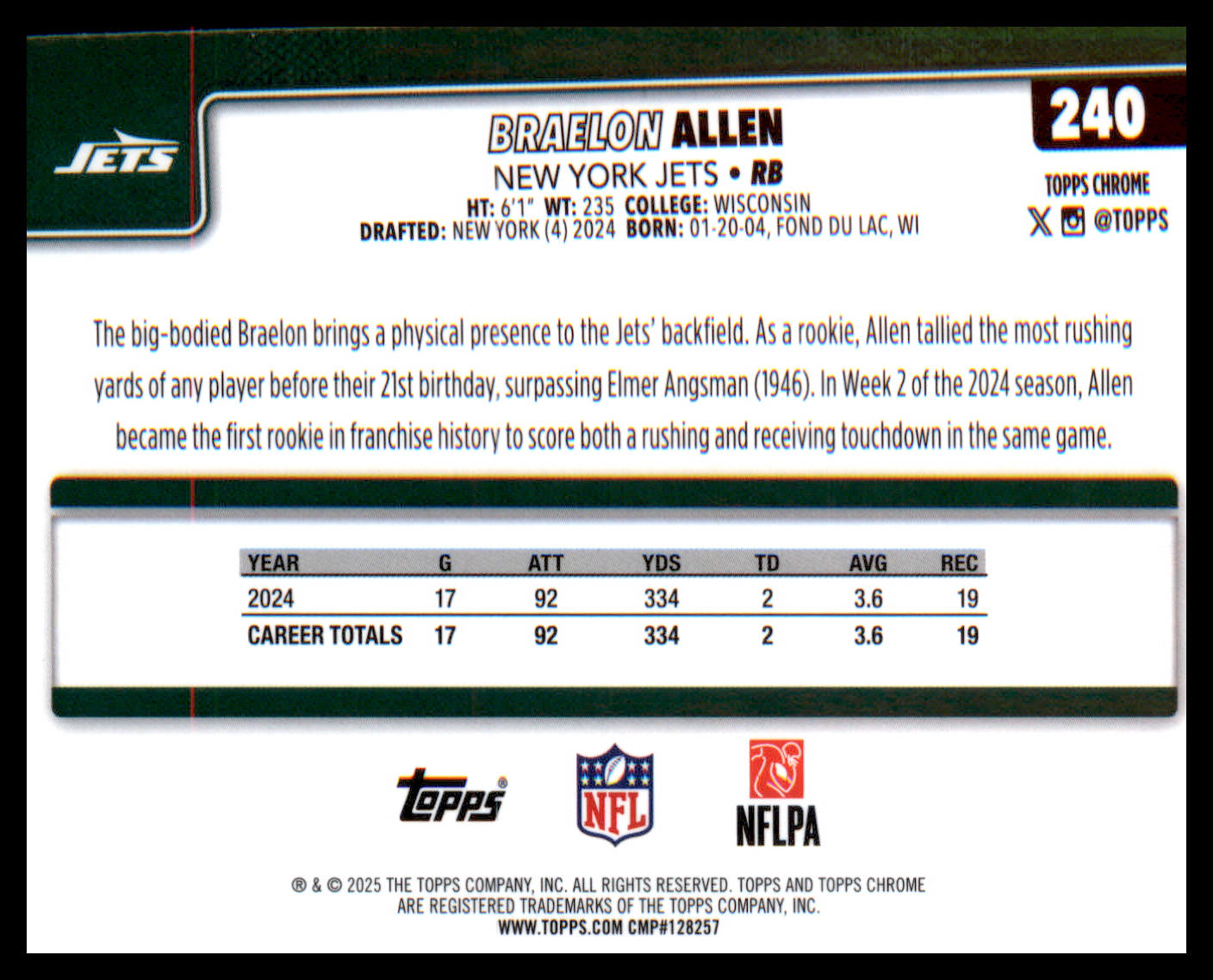 2025 Topps Chrome #240 Braelon Allen
