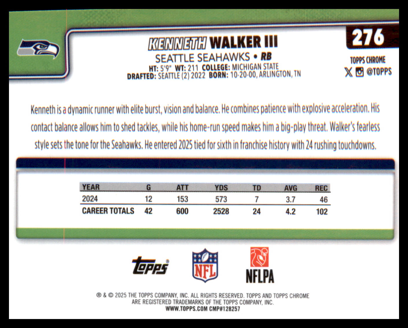 2025 Topps Chrome #276 Kenneth Walker III