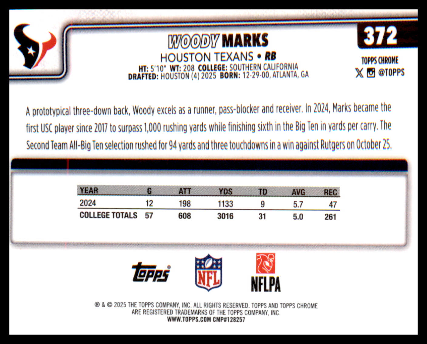 2025 Topps Chrome #372 Woody Marks Rookie Rookie
