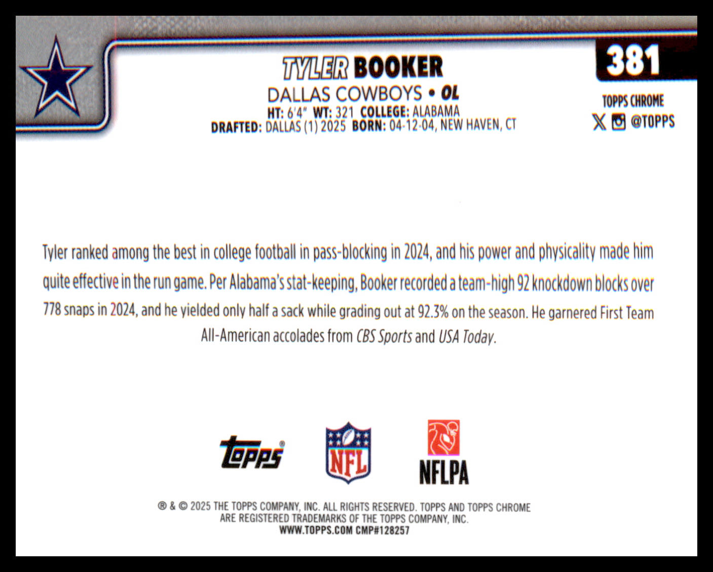 2025 Topps Chrome #381 Tyler Booker Rookie Rookie
