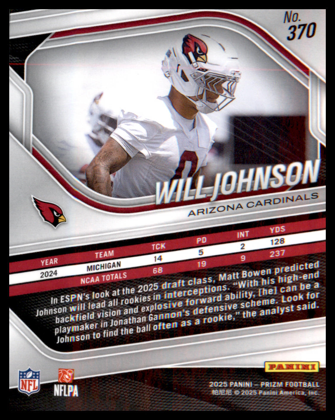 2025 Panini Prizm #370 Will Johnson Rookie Rookie