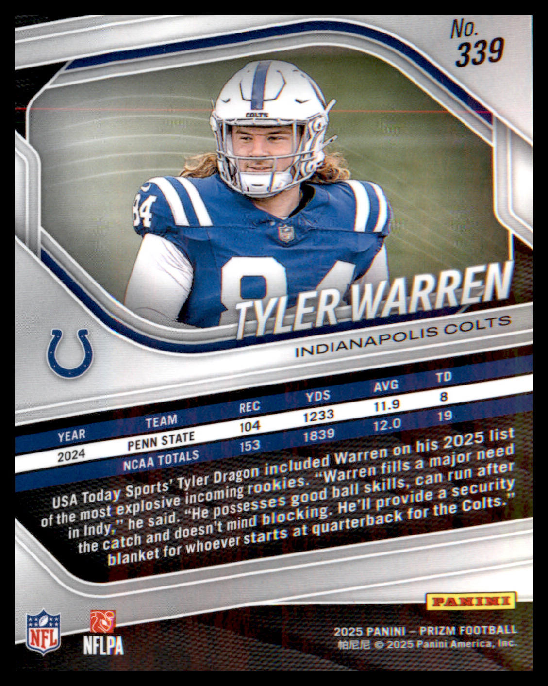 2025 Panini Prizm #339 Tyler Warren Rookie Rookie
