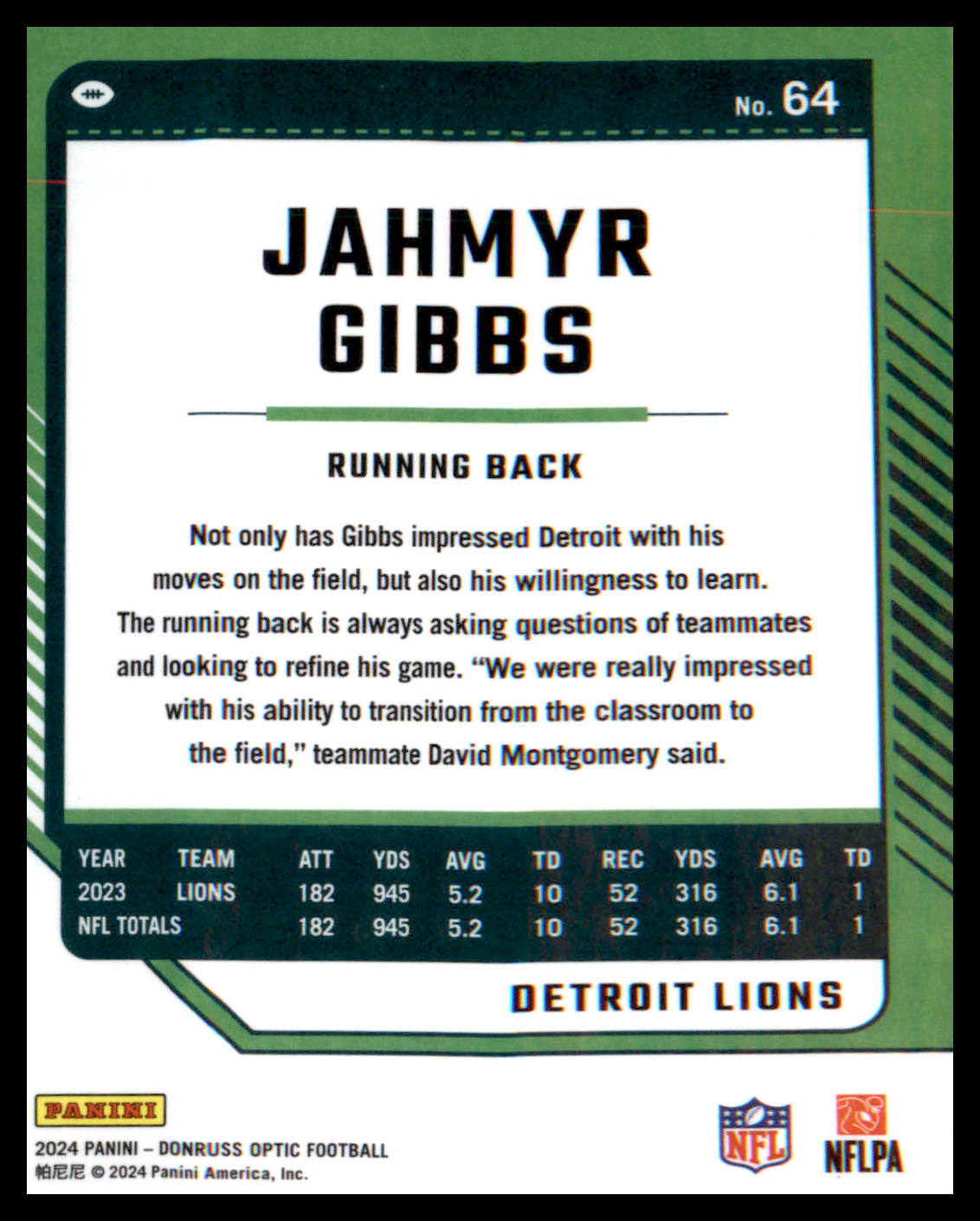 2024 Donruss Optic #64 Jahmyr Gibbs