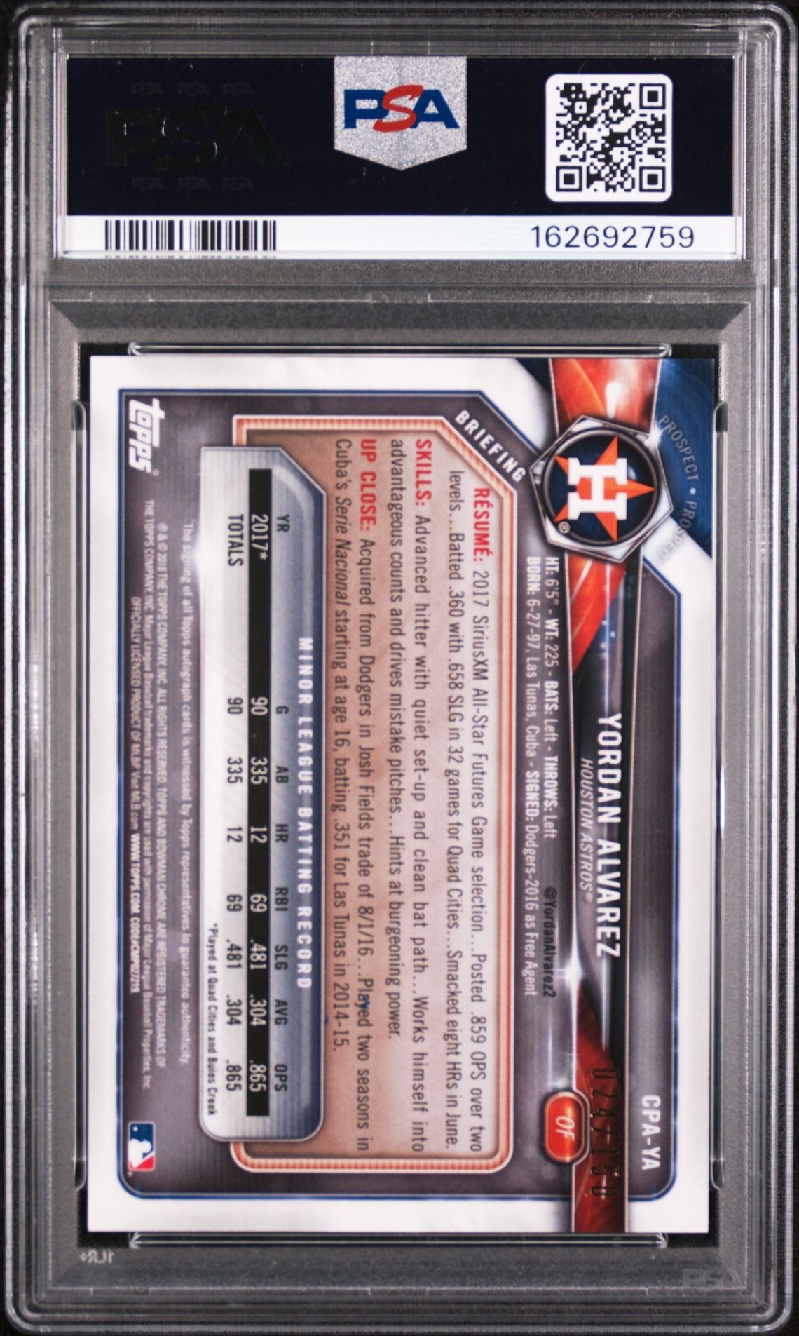 2018 Bowman Chrome Yordan Alvarez Blue Refractor Auto PSA/DNA Cert PSA 9 Auto 10