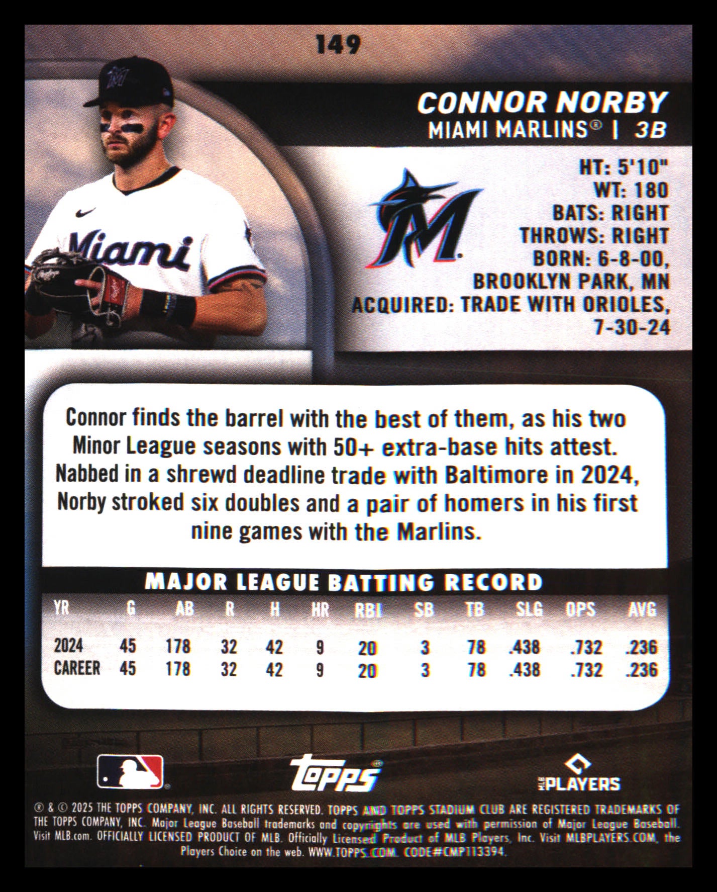 2025 Stadium Club #149 Connor Norby Rookie Rookie