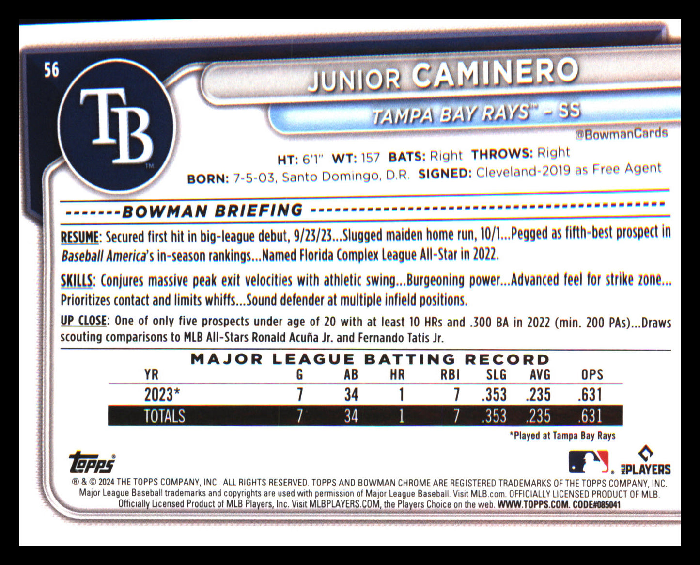 2024 Bowman Chrome #56 Junior Caminero Rookie Rookie