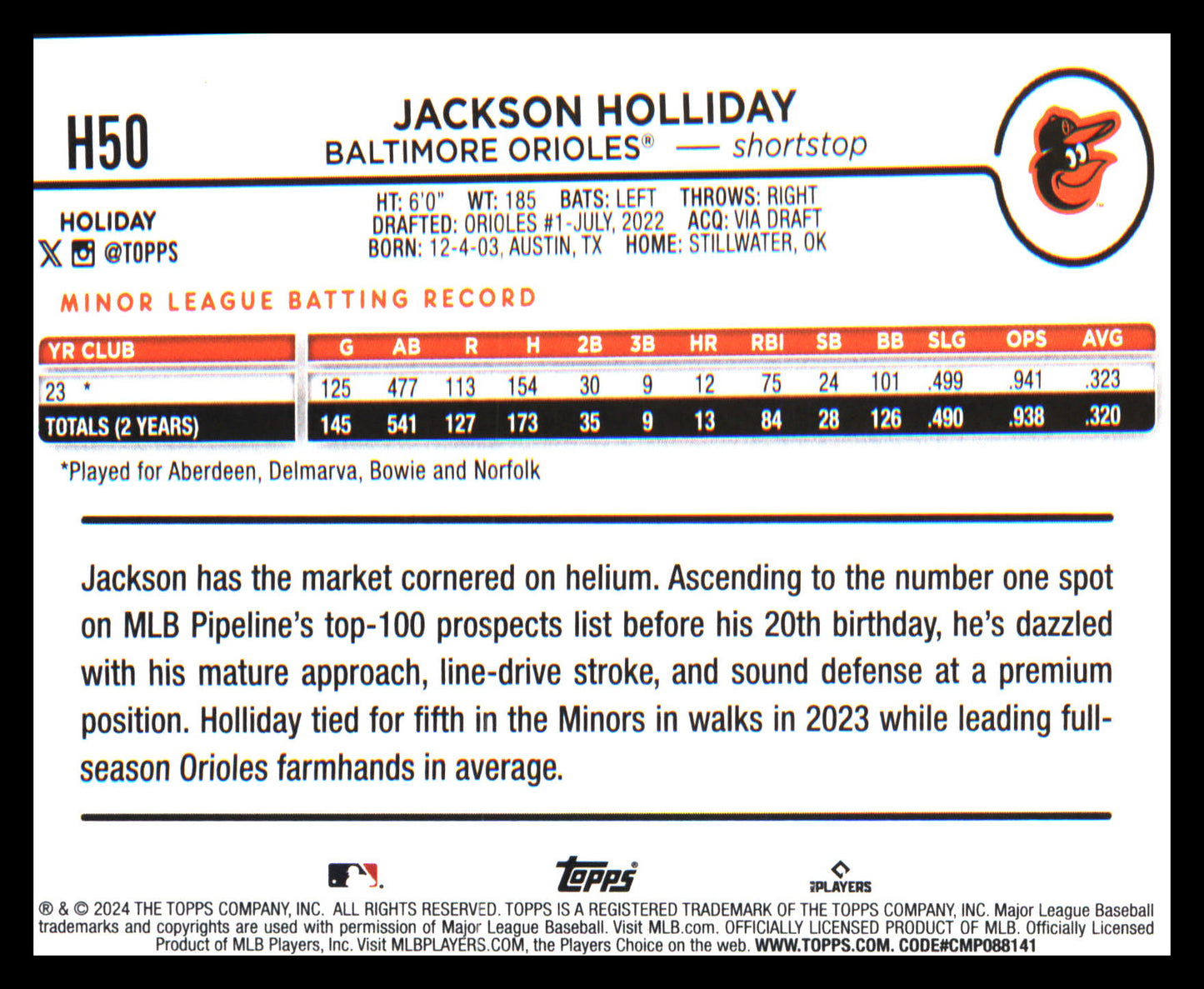 2024 Topps Holiday #H50 Jackson Holliday Rookie Rookie
