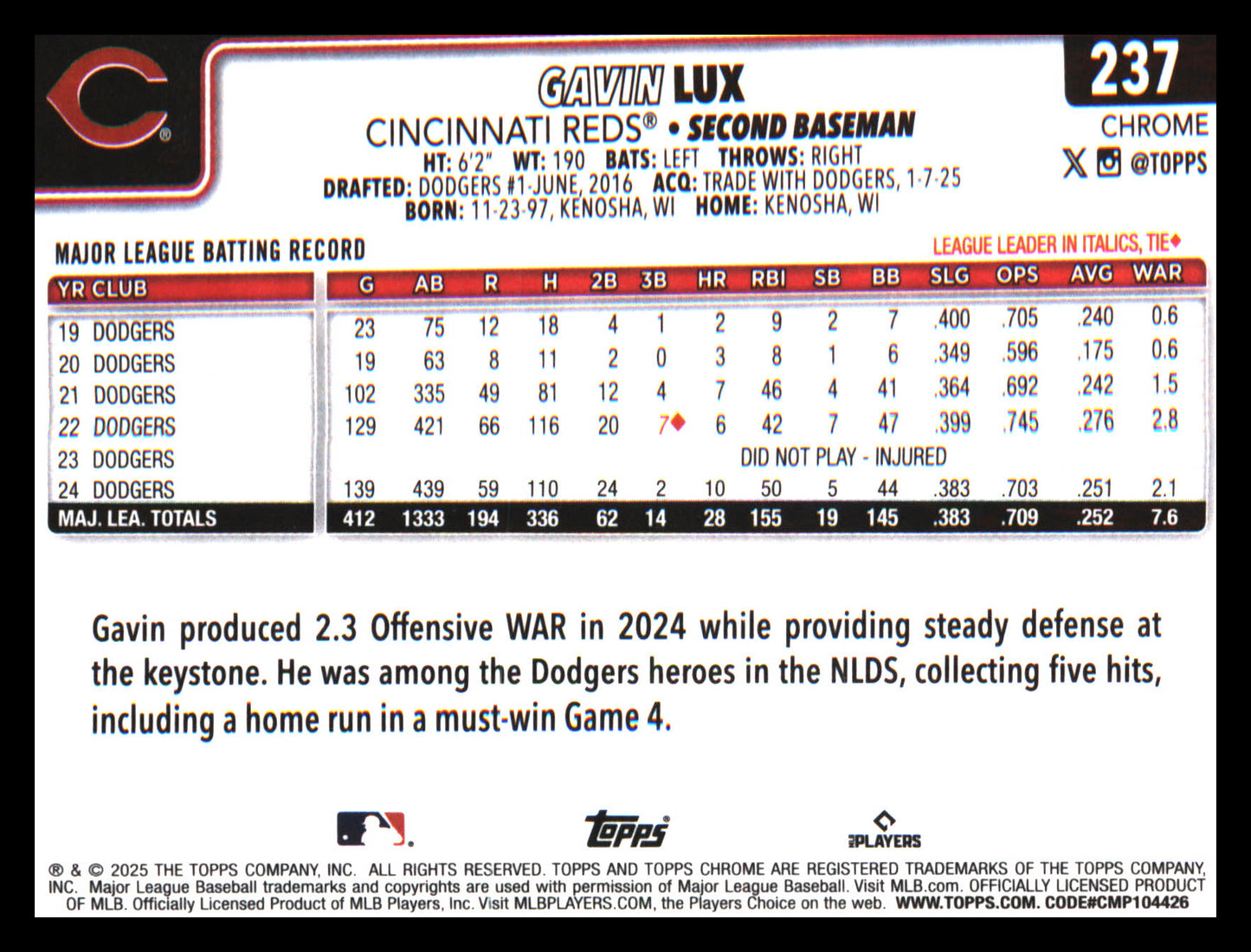 2025 Topps Chrome X-Fractors #237 Gavin Lux