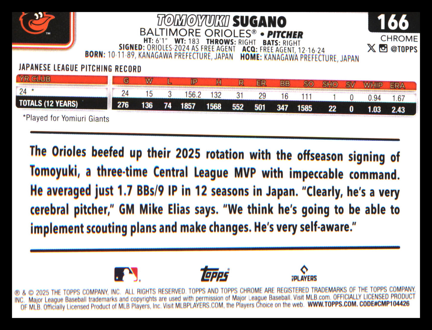 2025 Topps Chrome X-Fractors #166 Tomoyuki Sugano Rookie Rookie