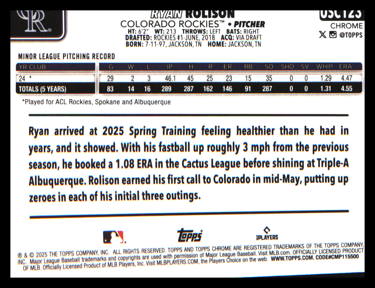 2025 Topps Chrome Update X-Fractors #USC123 Ryan Rolison Rookie Rookie
