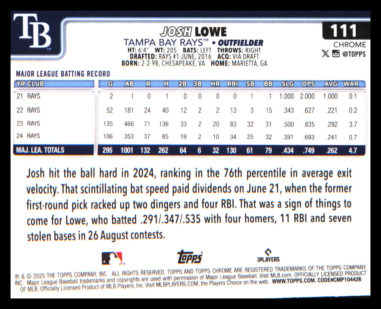 2025 Topps Chrome Sepia Refractors #111 Josh Lowe