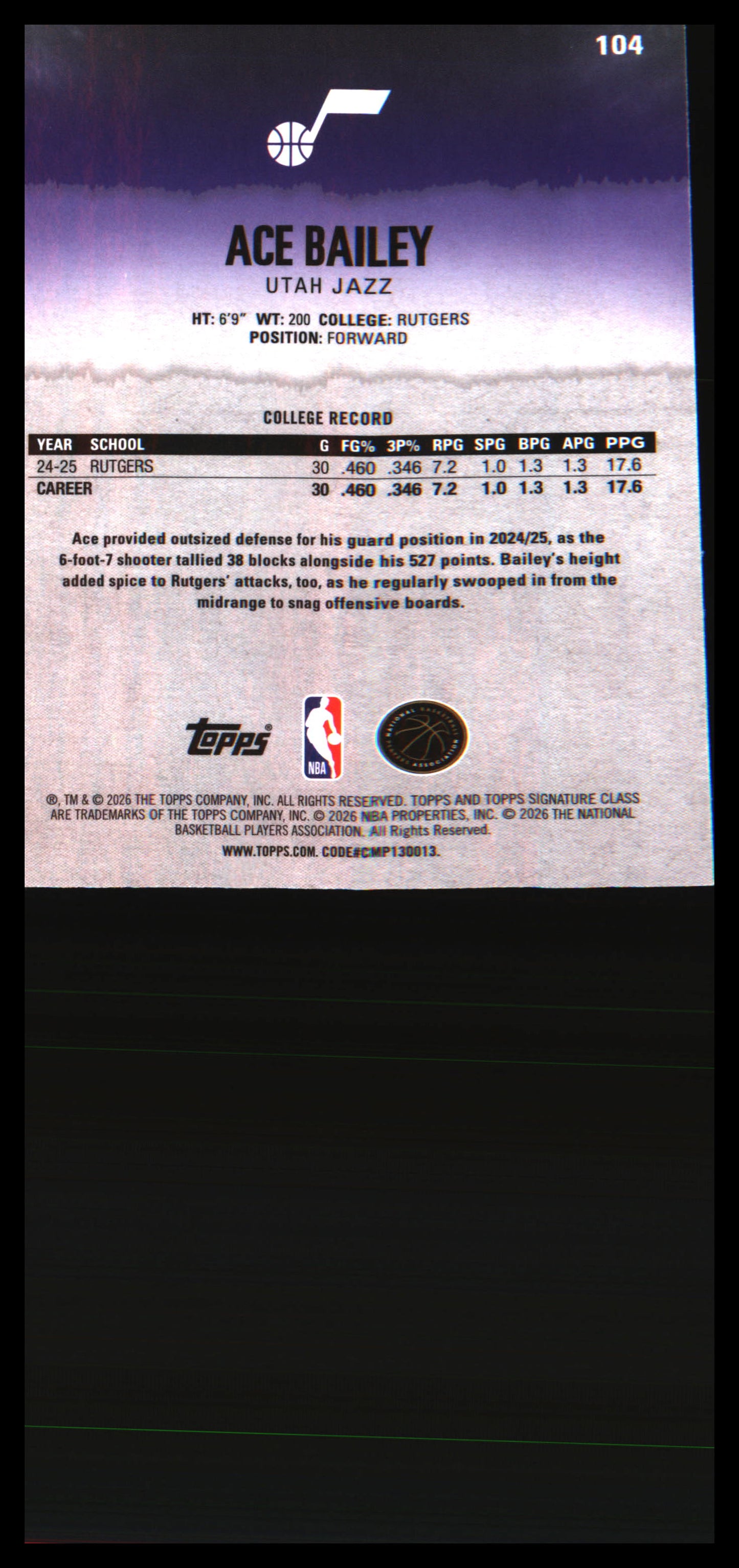2025-26 Topps Signature Class #104 Ace Bailey Rookie Rookie