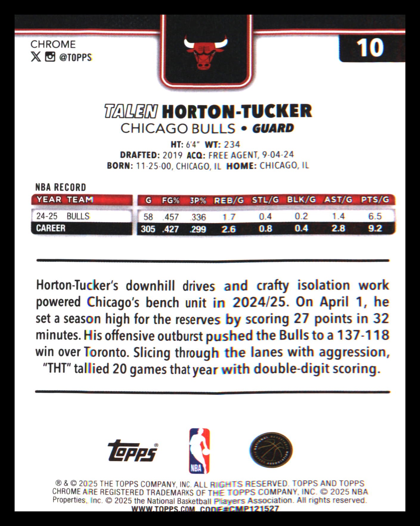 2025-26 Topps Chrome RayWave Refractor #10 Talen Horton-Tucker