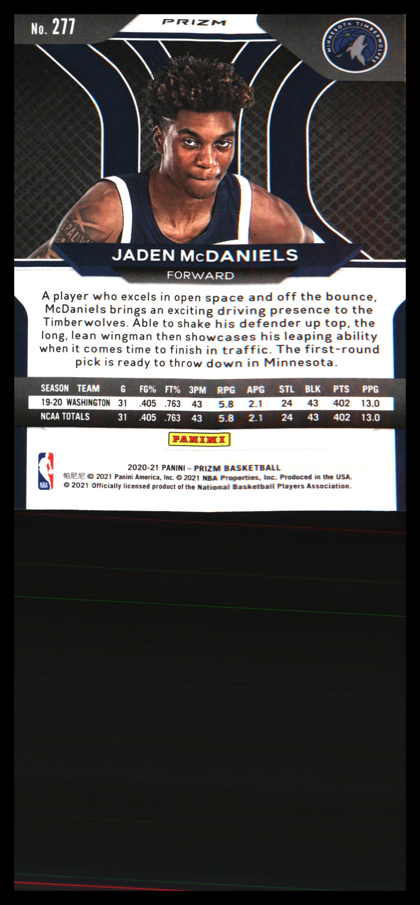 2020-21 Panini Prizm - Jaden McDaniels #277 Red White & Blue Prizm (RC)