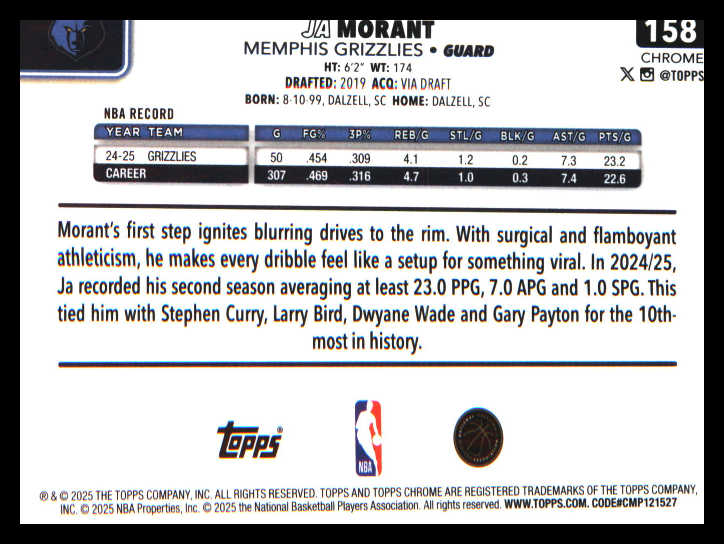 2025-26 Topps Chrome #158 Ja Morant