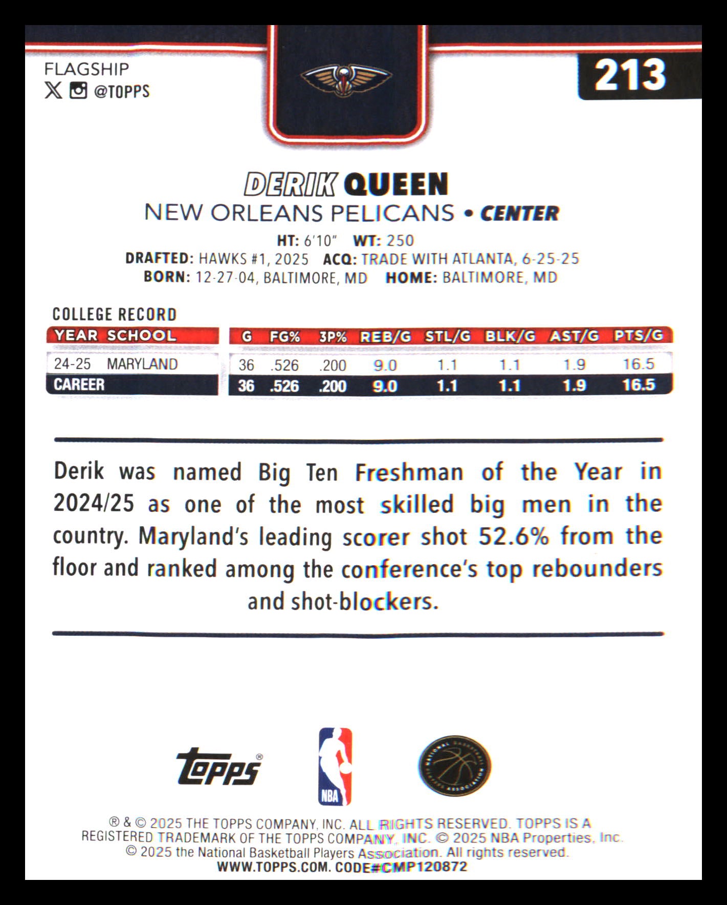 2025-26 Topps Season Tip Off #213 Derik Queen Rookie Rookie