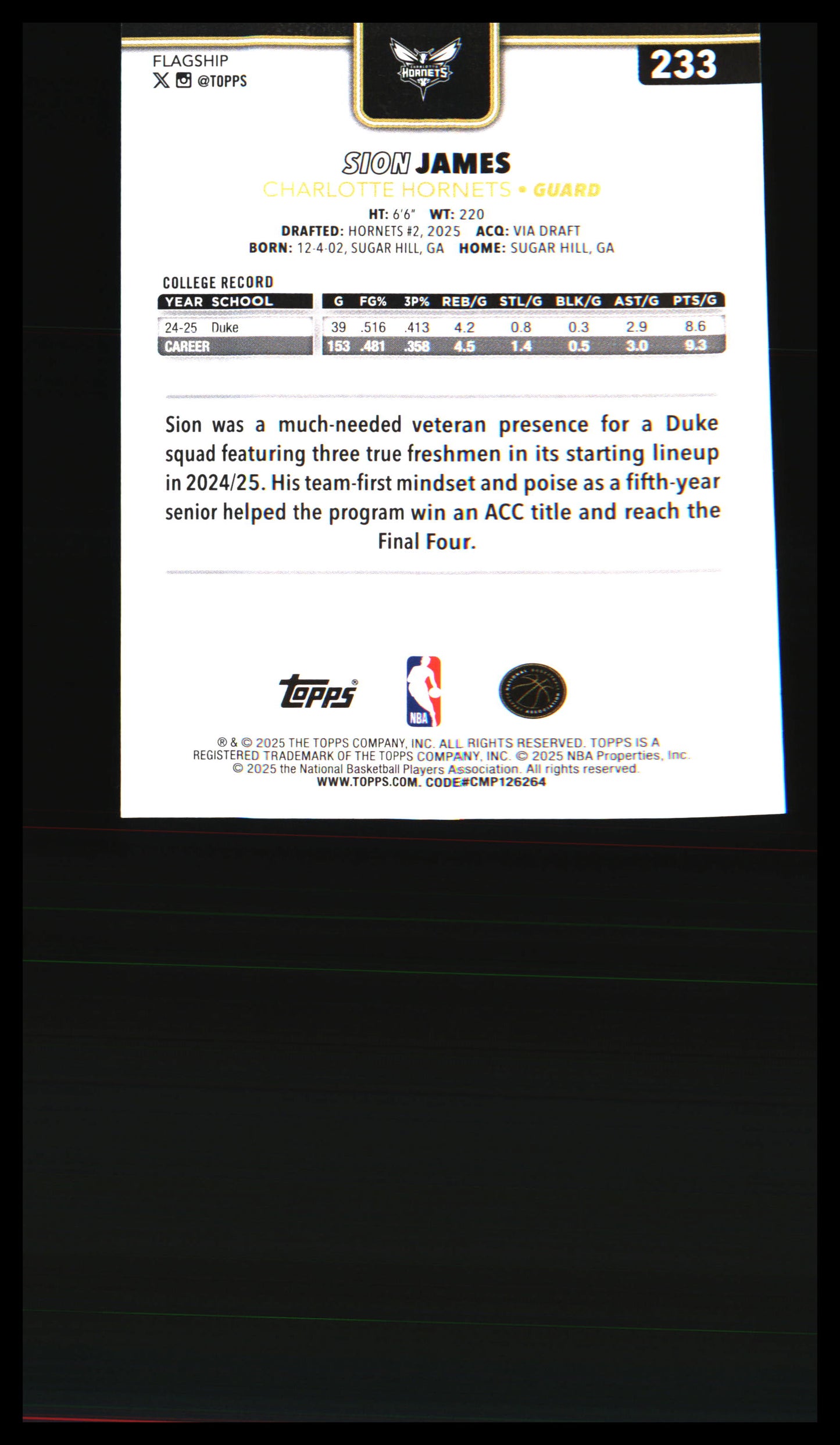 2025-26 Topps Blackout #233 Sion James Rookie Rookie