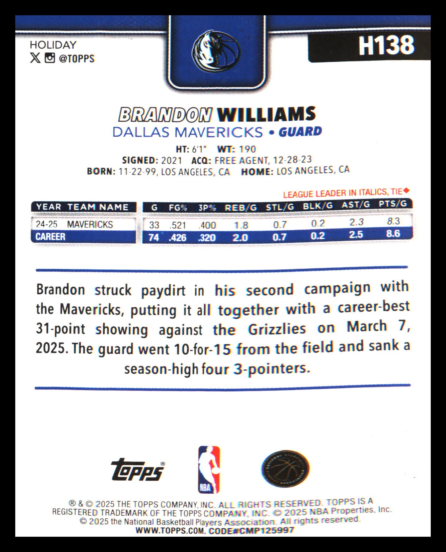 2025-26 Topps Holiday Blue Metallic Glitter Holiday #H138 Brandon Williams