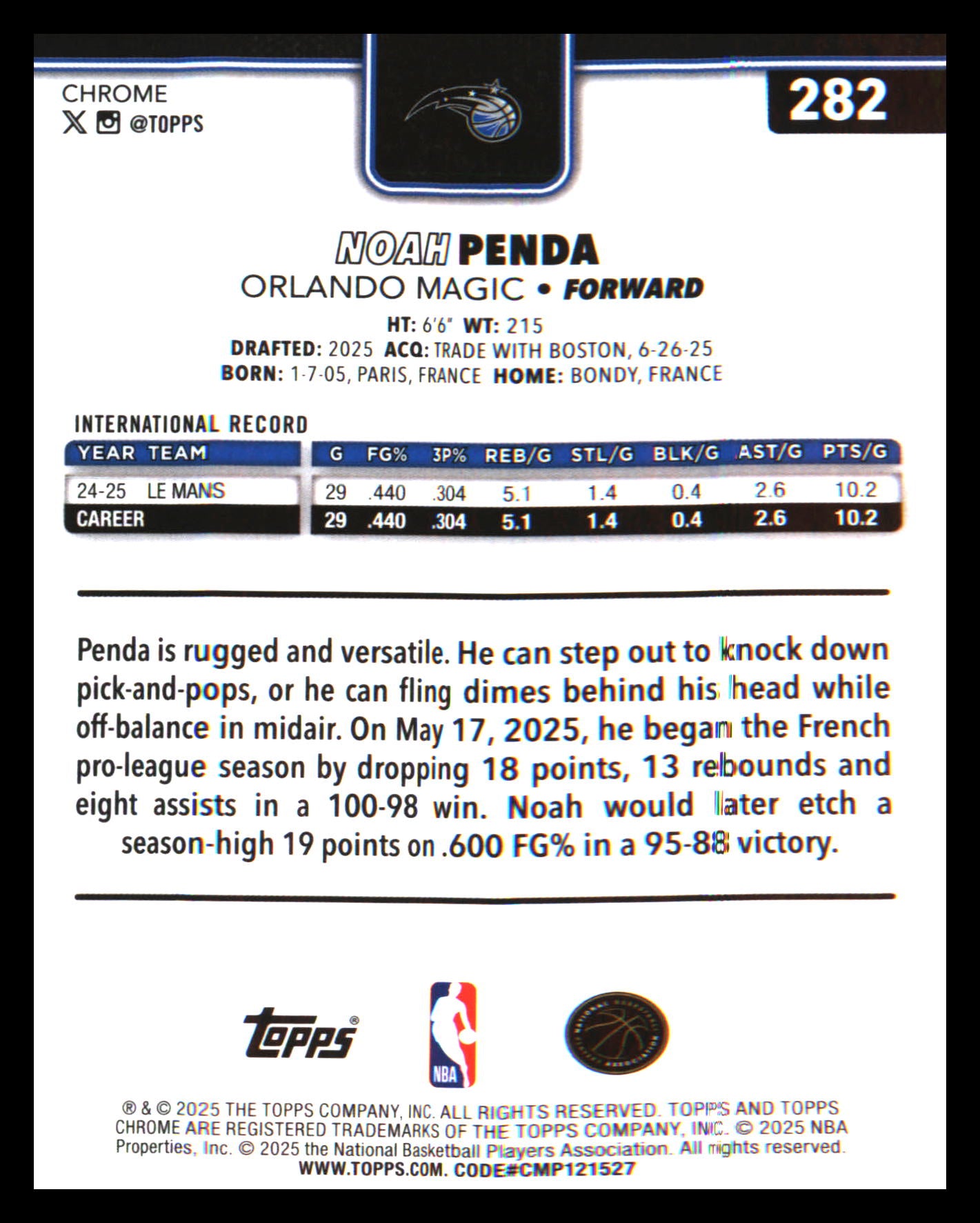 2025-26 Topps Chrome X-Fractor #282 Noah Penda Rookie Rookie