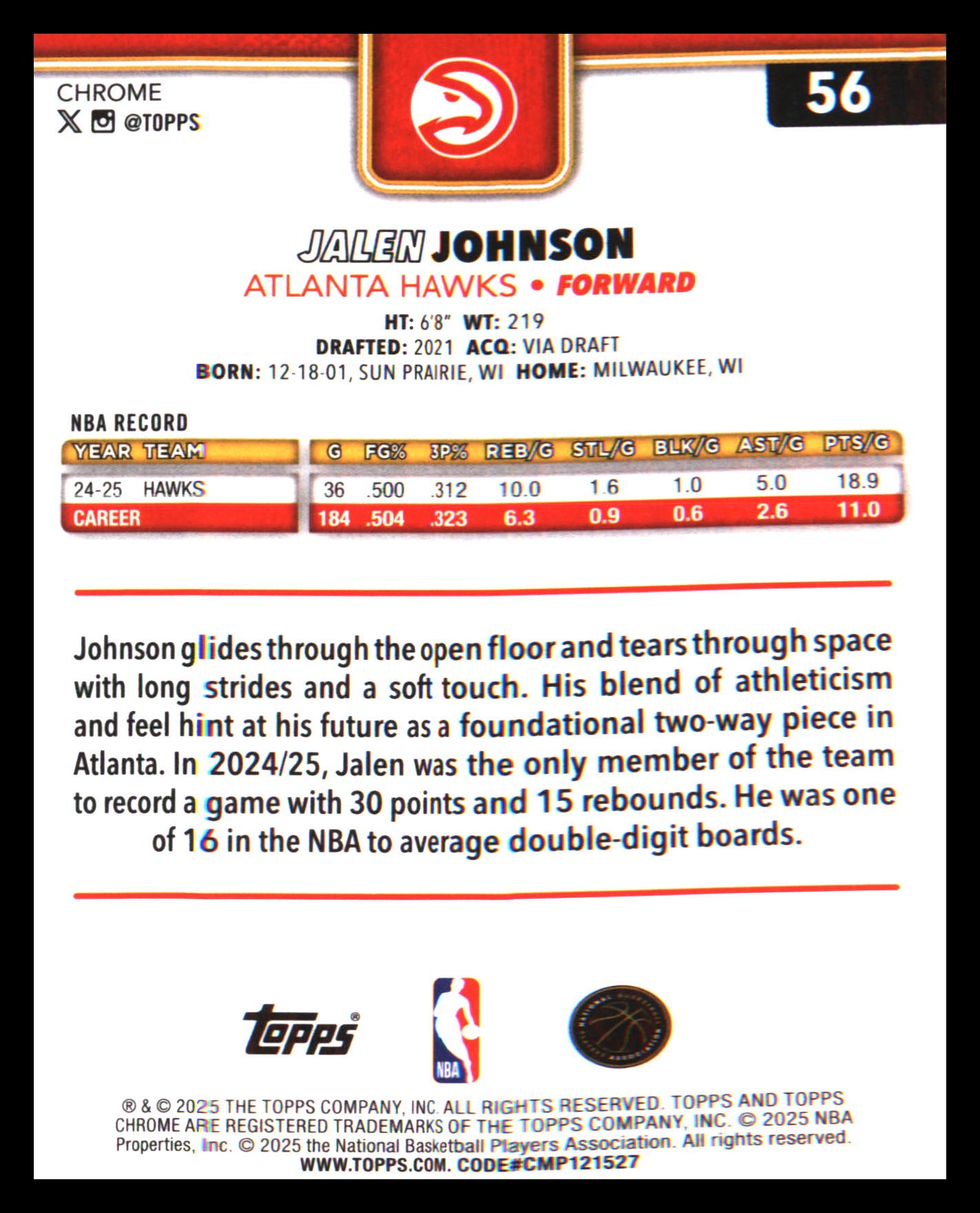 2025-26 Topps Chrome X-Fractor #56 Jalen Johnson
