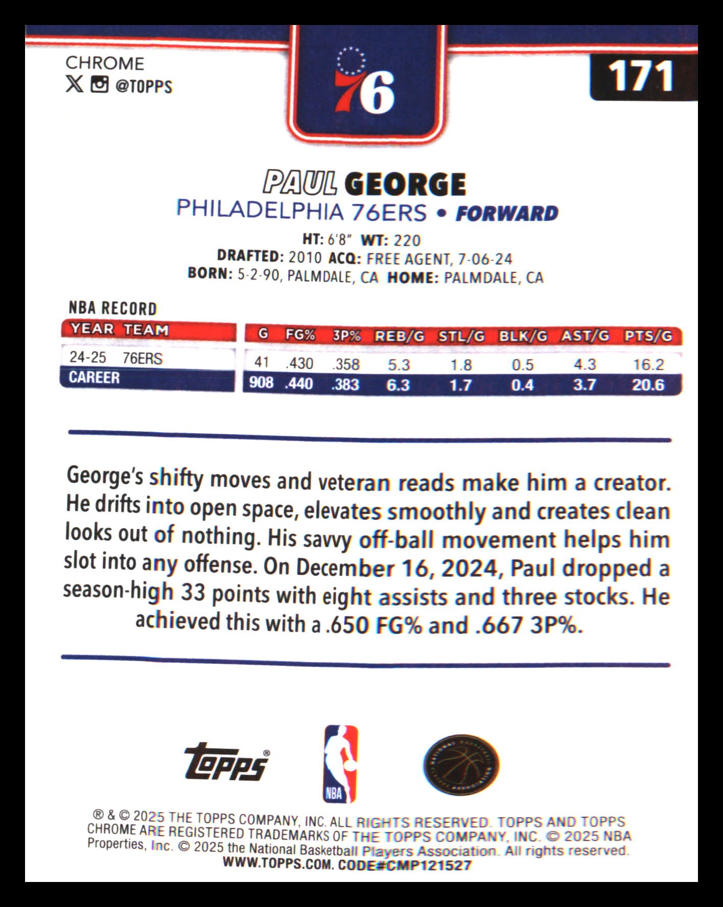 2025-26 Topps Chrome Prism Refractor #171 Paul George