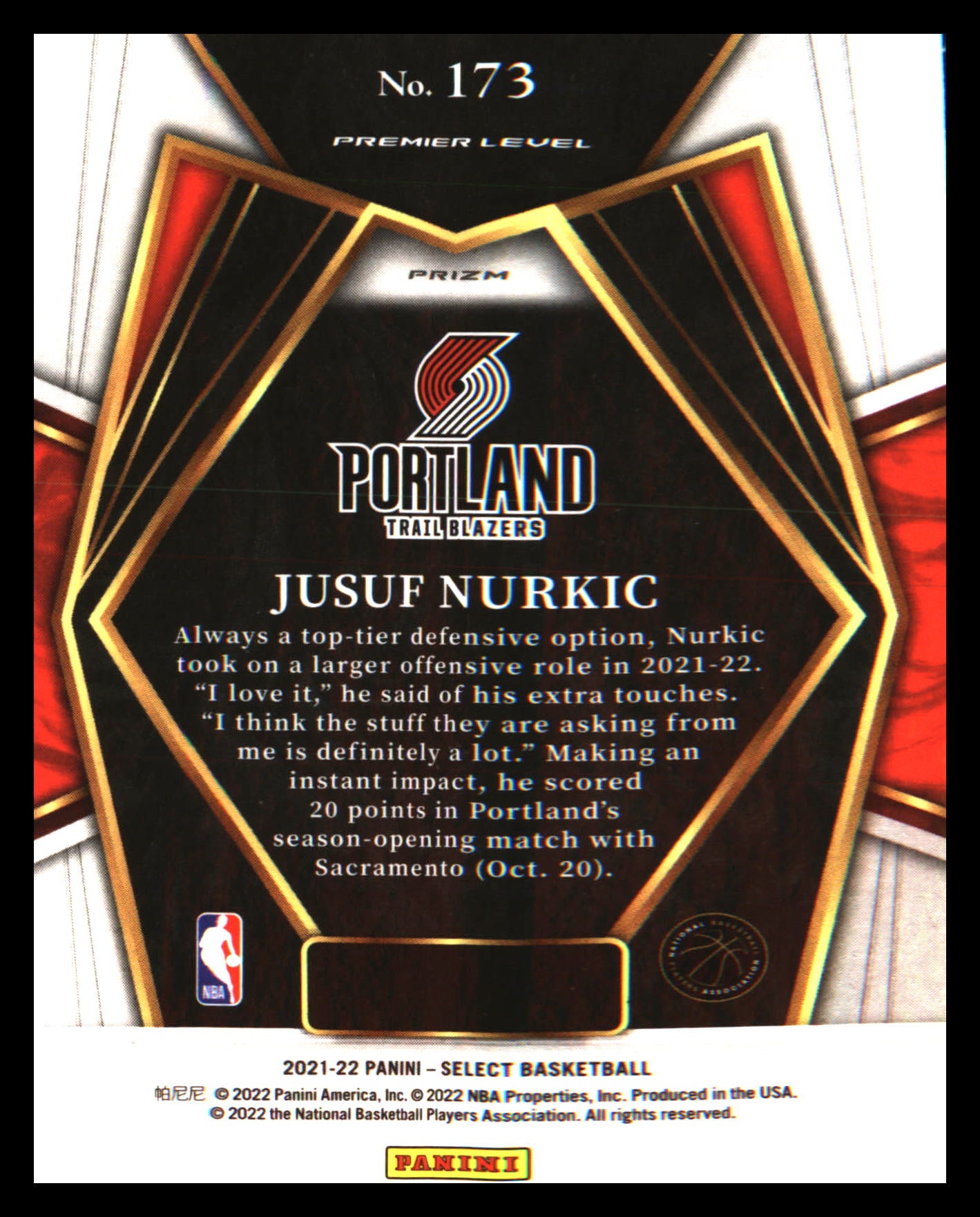 2021-22 Panini Select Silver Prizms #173 Jusuf Nurkic