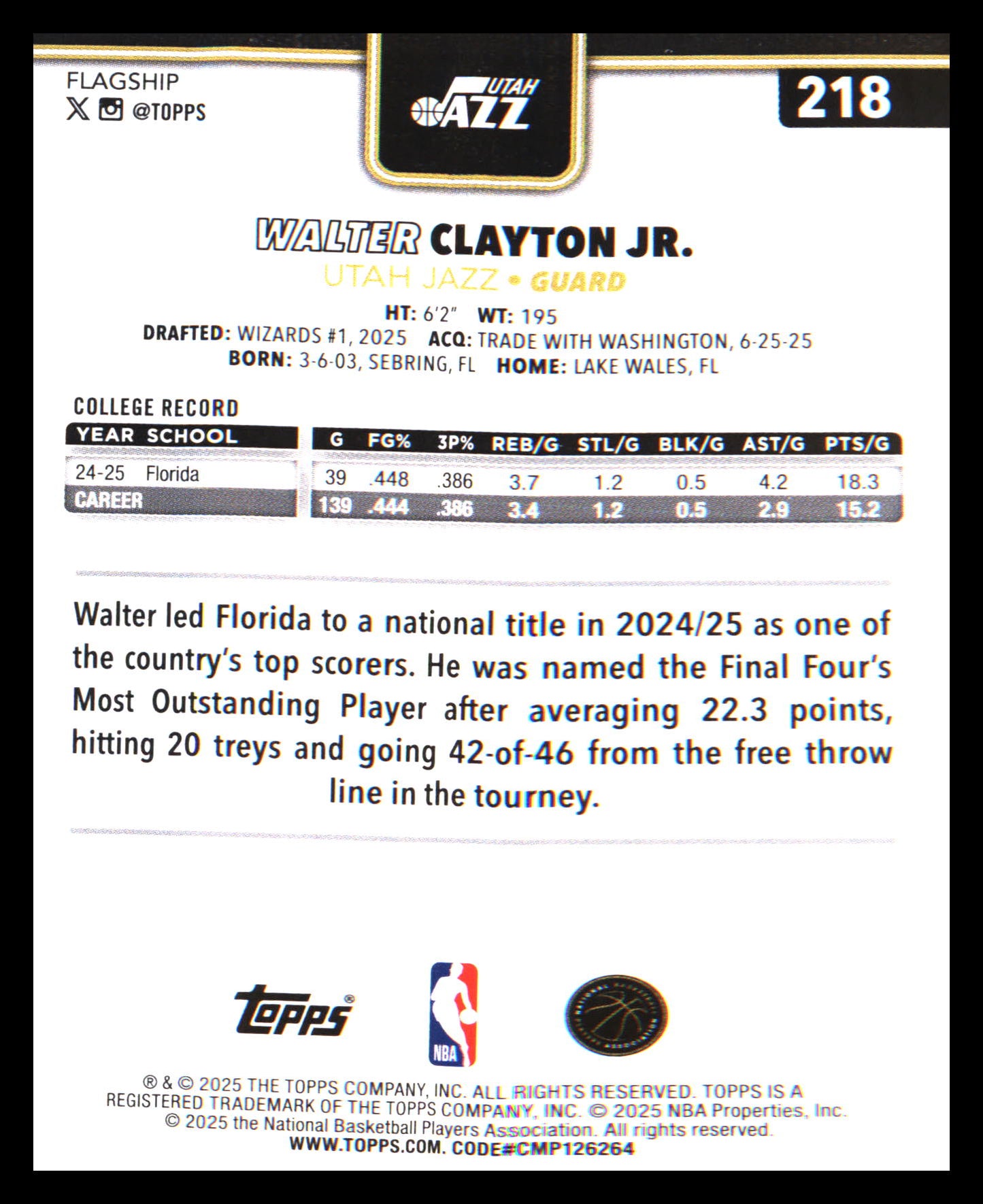 2025-26 Topps Black Friday Blackout RC Parallel Walter Clayton Jr #218 Utah Jazz