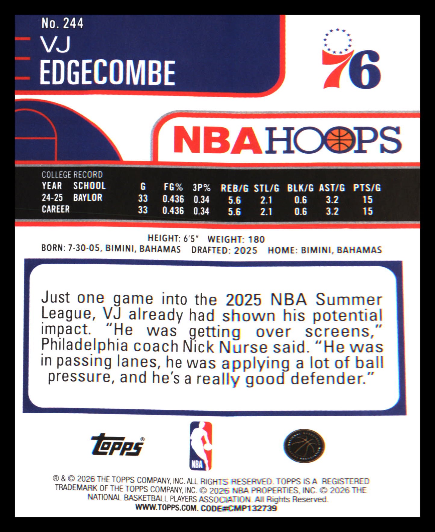 Topps NBA Hoops 2025-26 Basketball VJ Edgecombe Green Foil RC #244🔥🔥