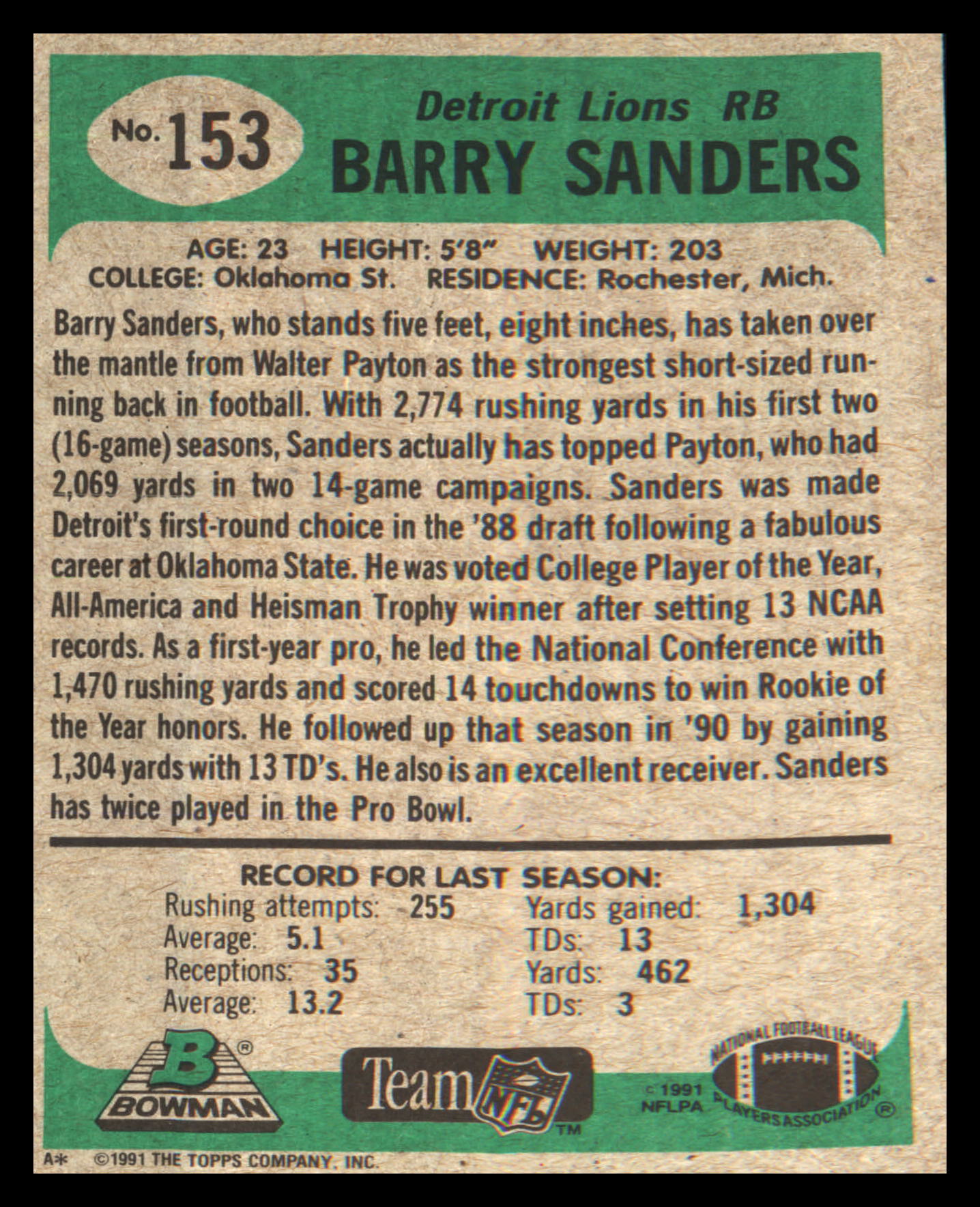 1991 Bowman #153 Barry Sanders