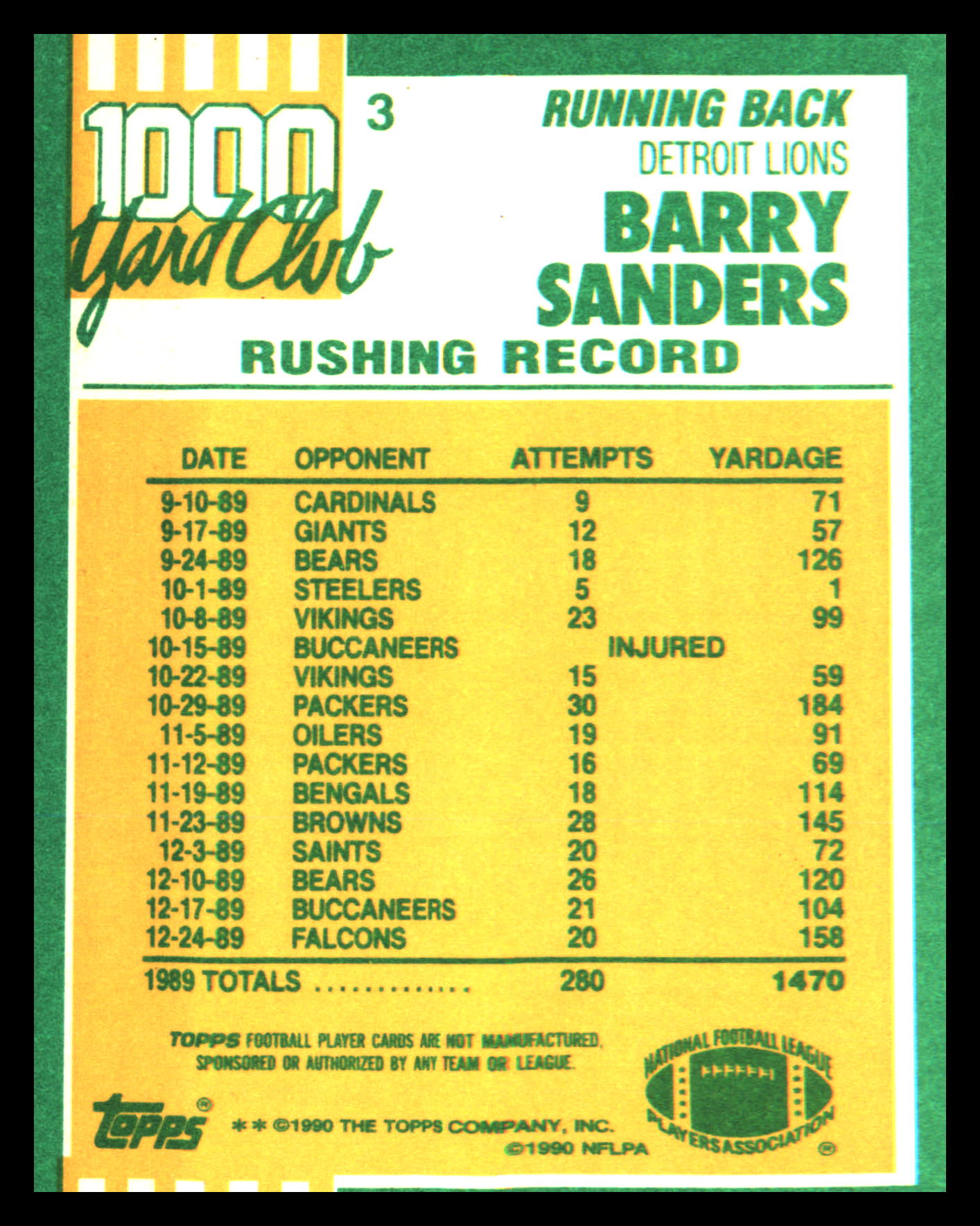 1990 Topps 1000 Yard Club #3 Barry Sanders