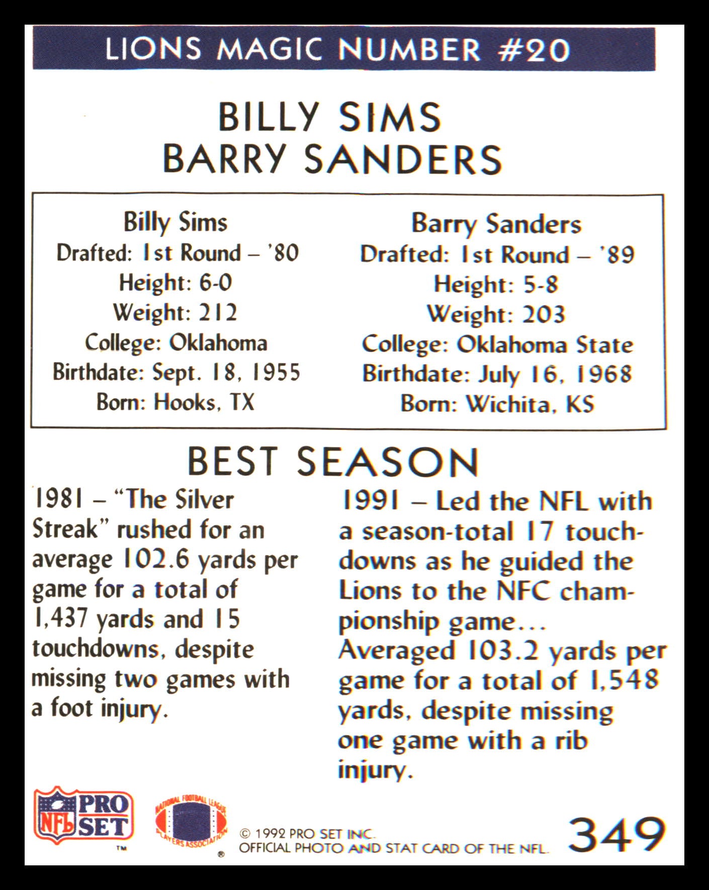 1992 Pro Set #349 Barry Sanders / Billy Sims