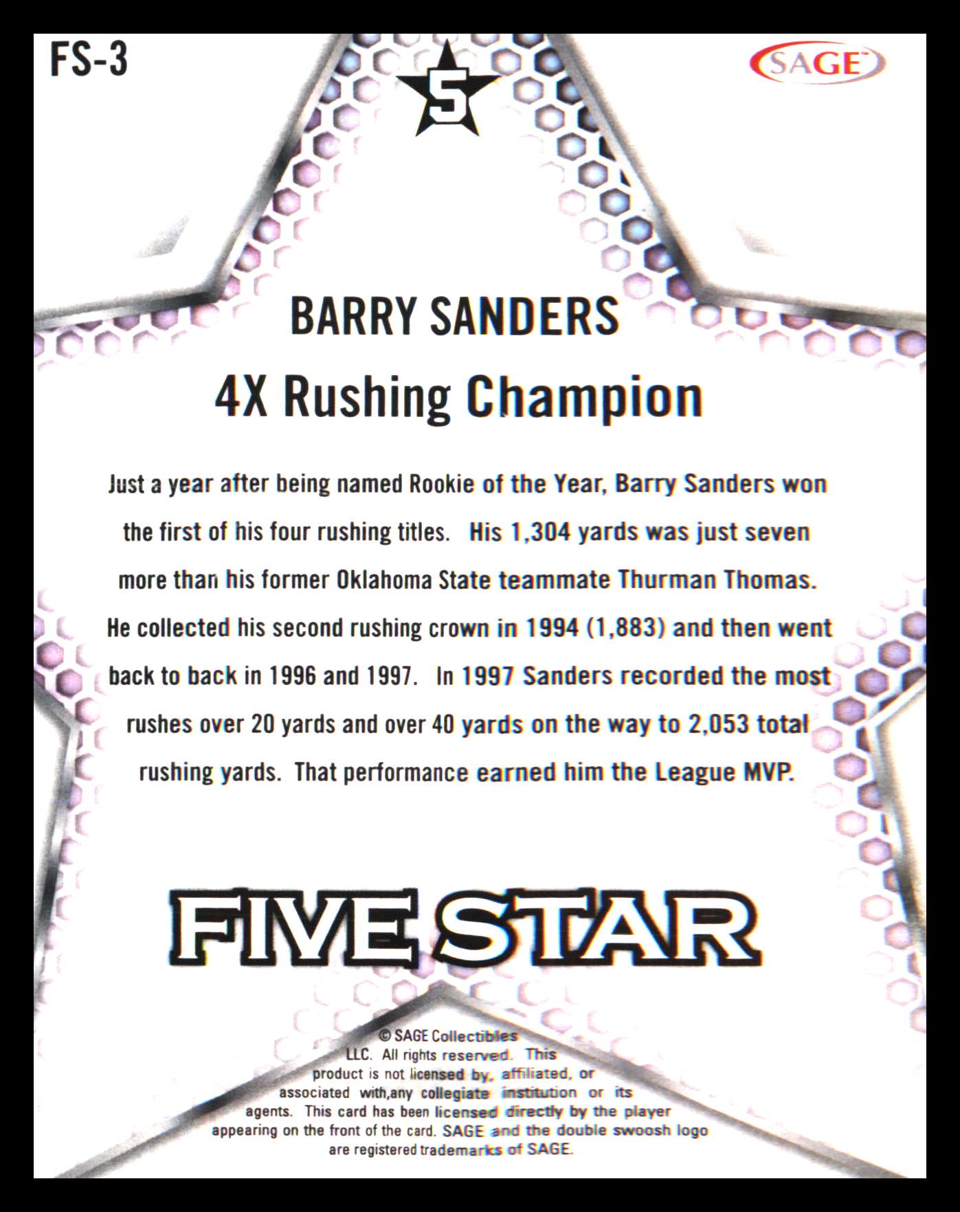 2024 SAGE HIT Five Star Gold #FS-3 Barry Sanders