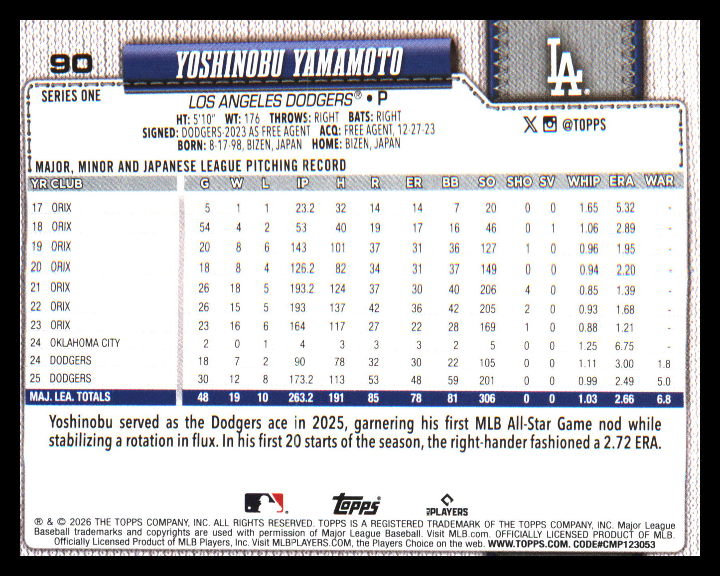2026 Topps Spring Training #90 Yoshinobu Yamamoto