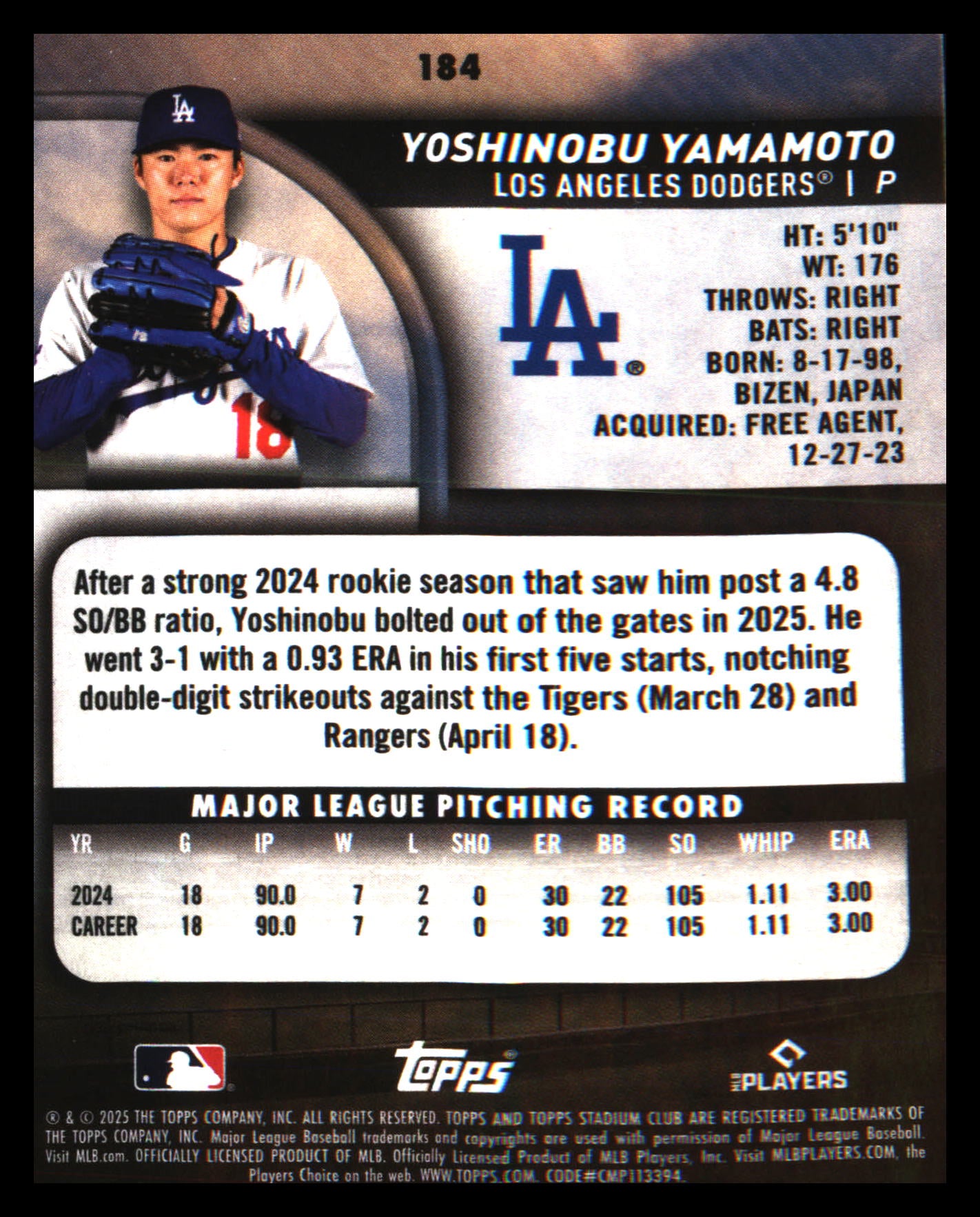 2025 Stadium Club #184 Yoshinobu Yamamoto