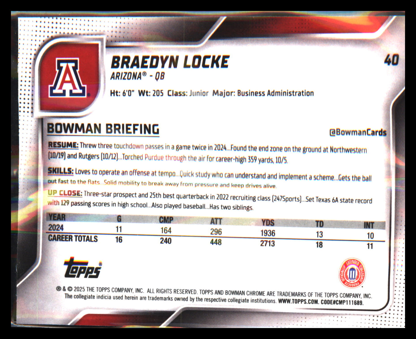 2025 Bowman University Chrome #40 Braedyn Locke