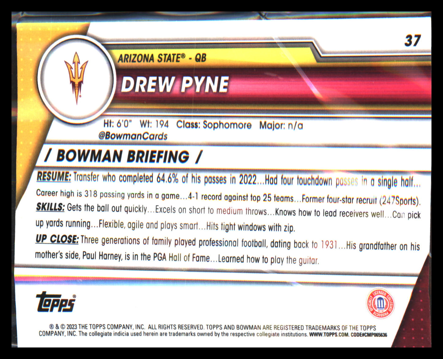 2023 Bowman University Chrome #37 Drew Pyne
