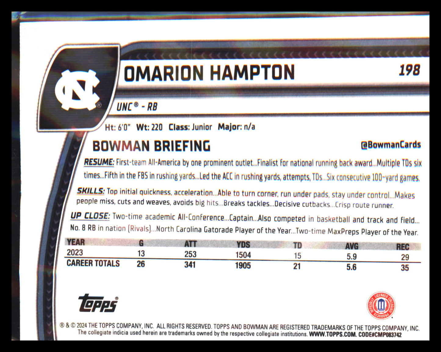 2024 Bowman University Chrome #198 Omarion Hampton