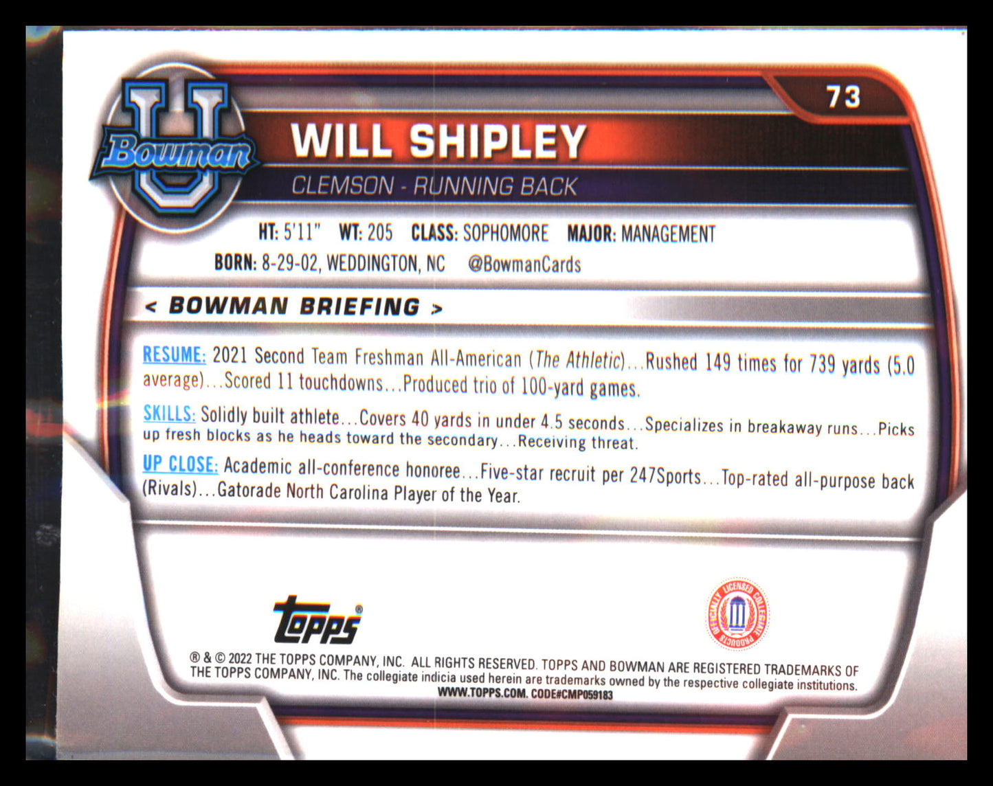 2022 Bowman University Chrome #73 Will Shipley