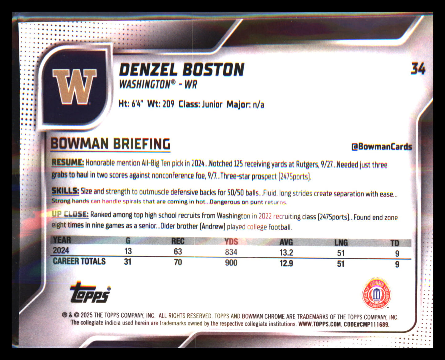 2025 Bowman University Chrome #34 Denzel Boston