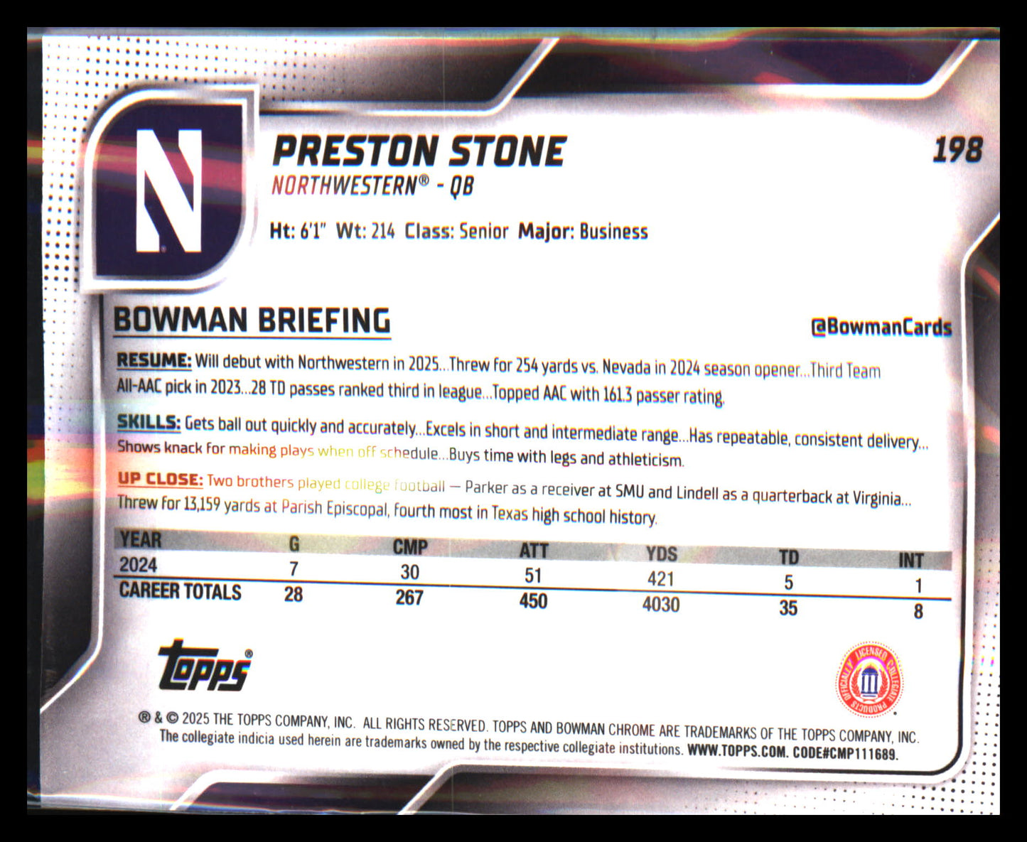 2025 Bowman University Chrome #198 Preston Stone