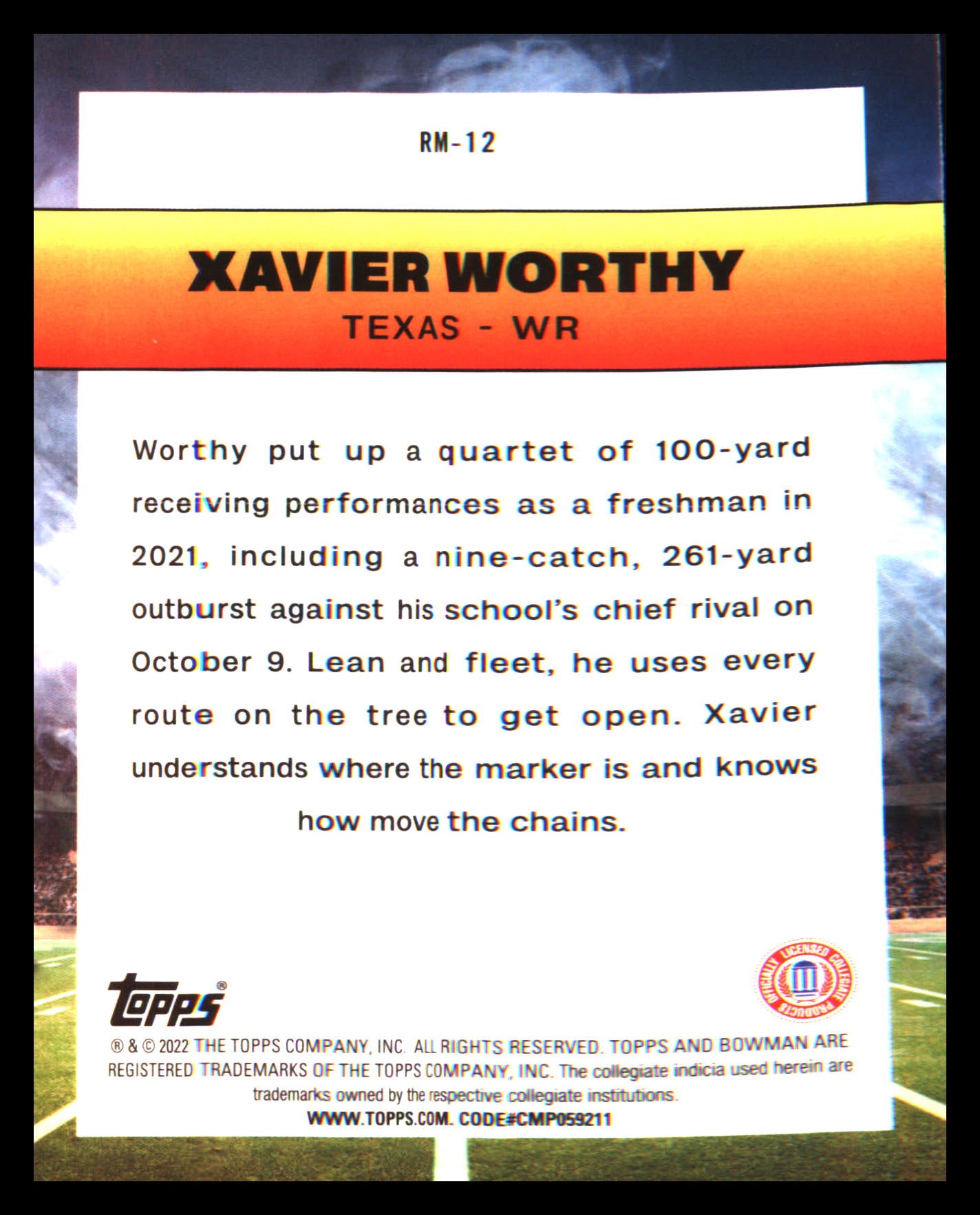 2022 Bowman University Chrome Ramblin' Man #RM-12 Xavier Worthy