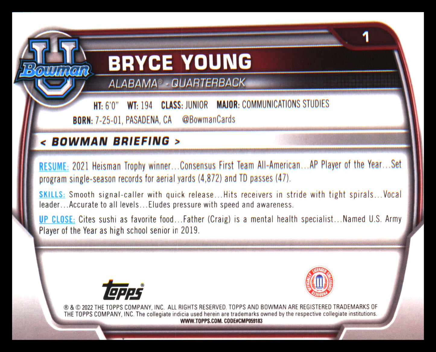 2022 Bowman University Chrome #1 Bryce Young